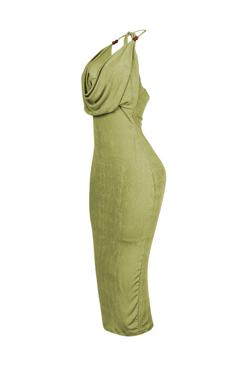 Truffle Slinky Cowl Neck Halter Midi Dress